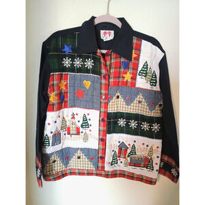 Keren Hart Plaid Patchwork Embroidered Appliqued Blue Jacket Sz S